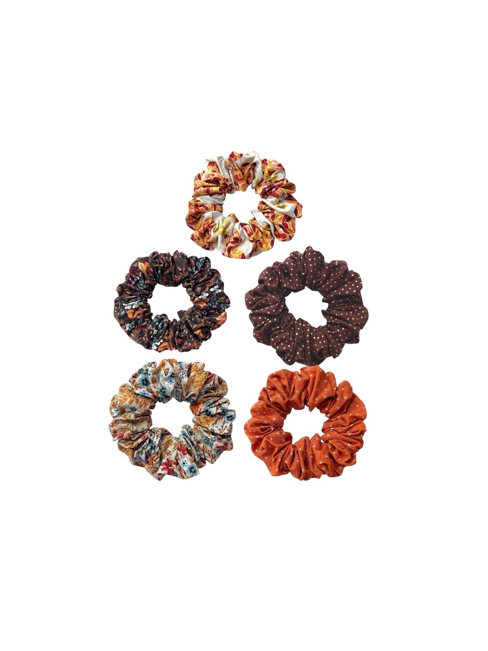 Floral and Polka Dot Scrunchie Set - Brown, Orange, Cream - Picture 3 of 8